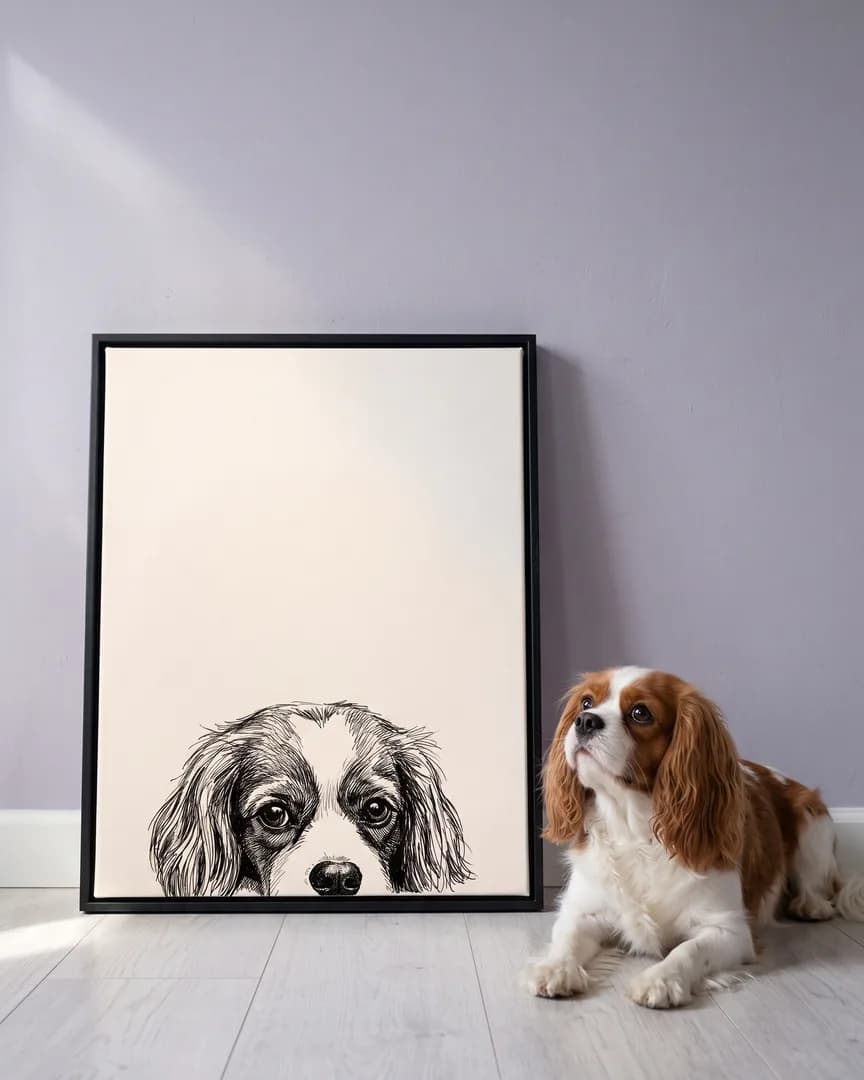 Daisy, un cavalier King Charles, à côté d'une toile encadrée noire de son portrait Coup d'Œil au Carnet.