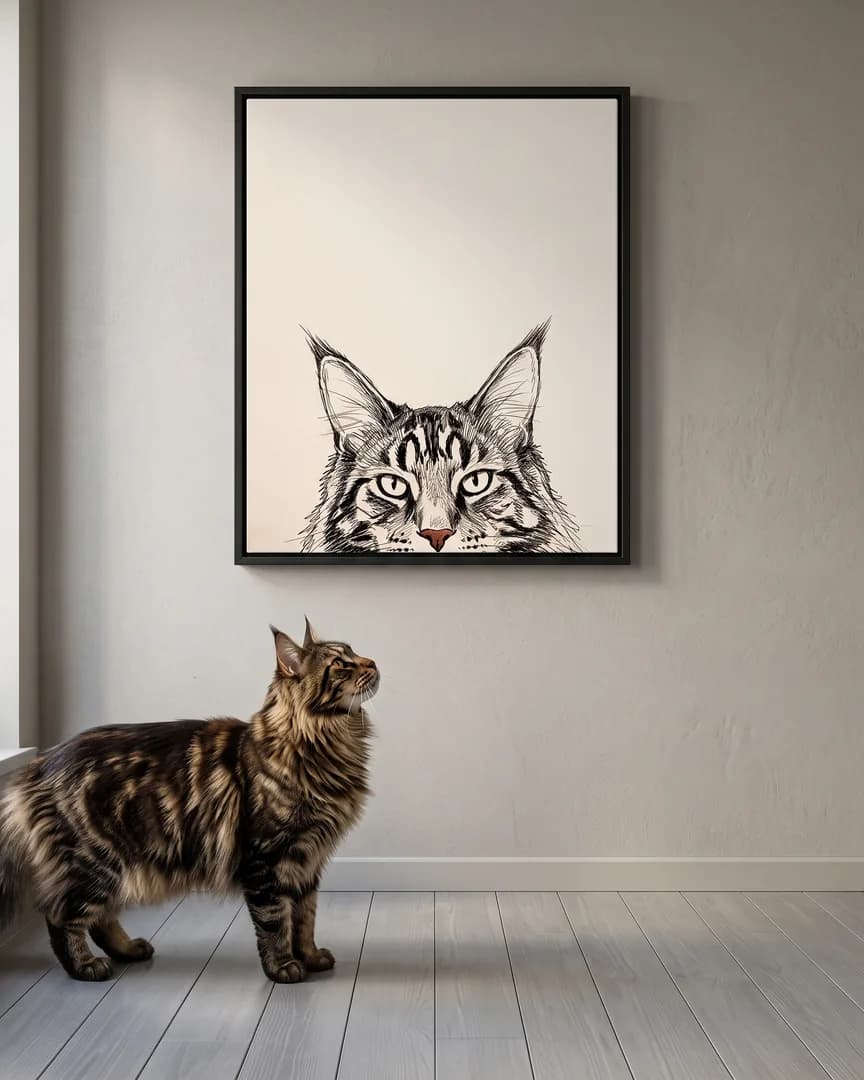 Baron, un chat maine coon, à côté d'une toile encadrée noire de son portrait Coup d'Œil au Carnet.