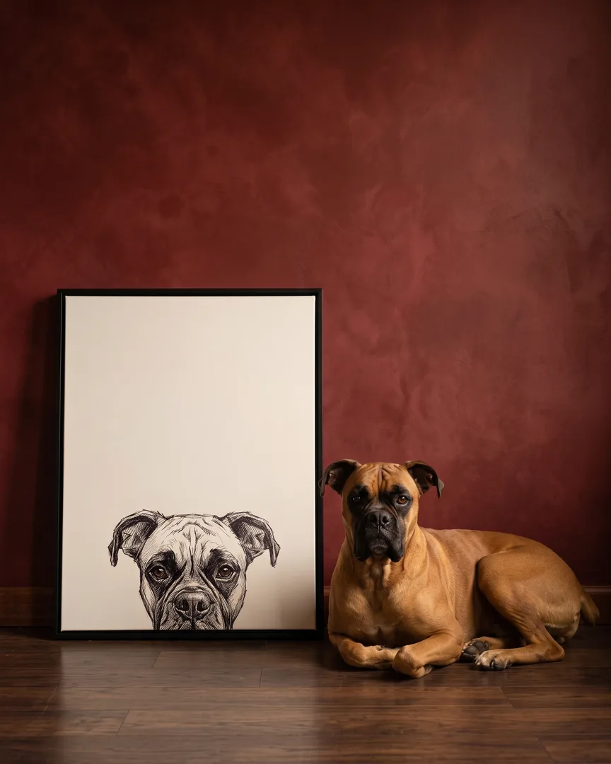 Rocco, un boxer, à côté d'une toile encadrée noire de son portrait Coup d'Œil au Carnet.