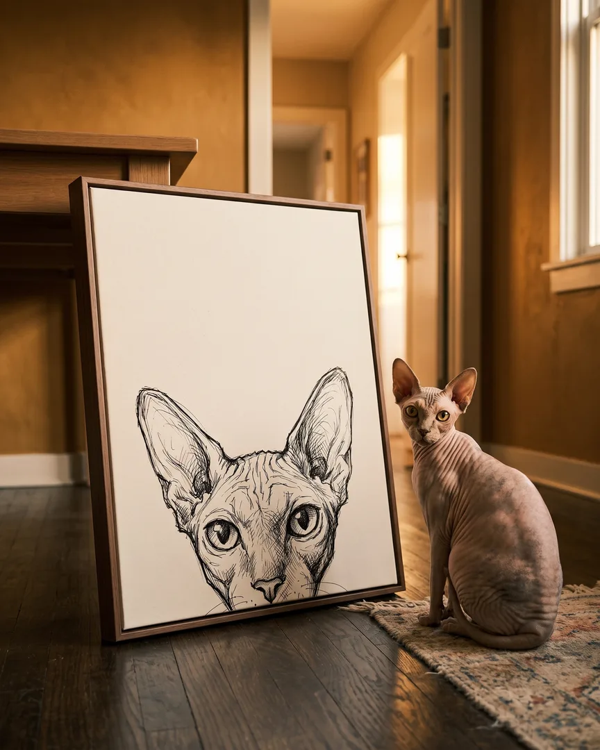 Yoda, un chat sphynx, à côté d'une toile encadrée brune de son portrait Coup d'Œil au Carnet.