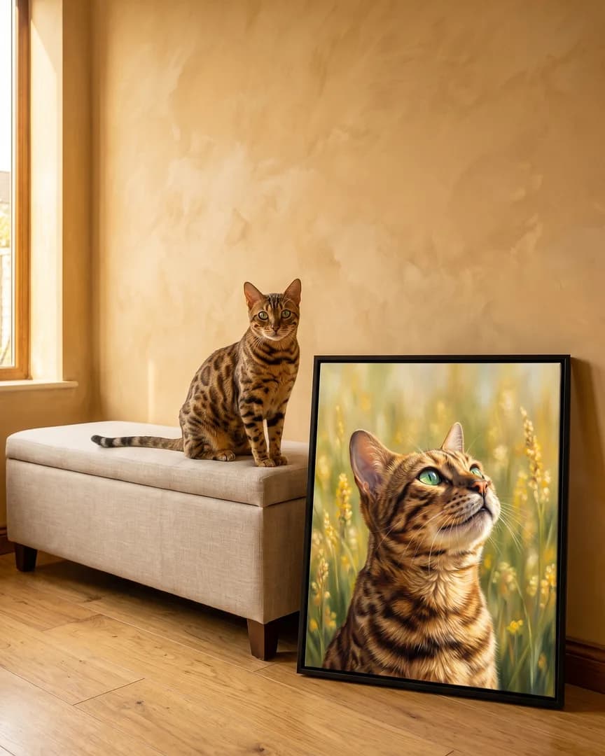 Jasper, un chat bengal, à côté d'une toile encadrée noire de son portrait Vers le ciel.