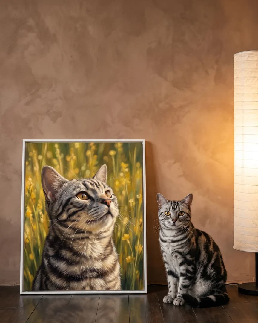 Smokey, un chat tigré argenté, à côté d'une toile encadrée blanche de son portrait Vers le ciel.