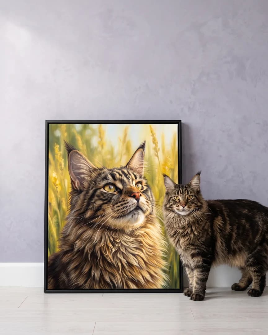 Baron, un chat maine coon, à côté d'une toile encadrée noire de son portrait Vers le ciel.