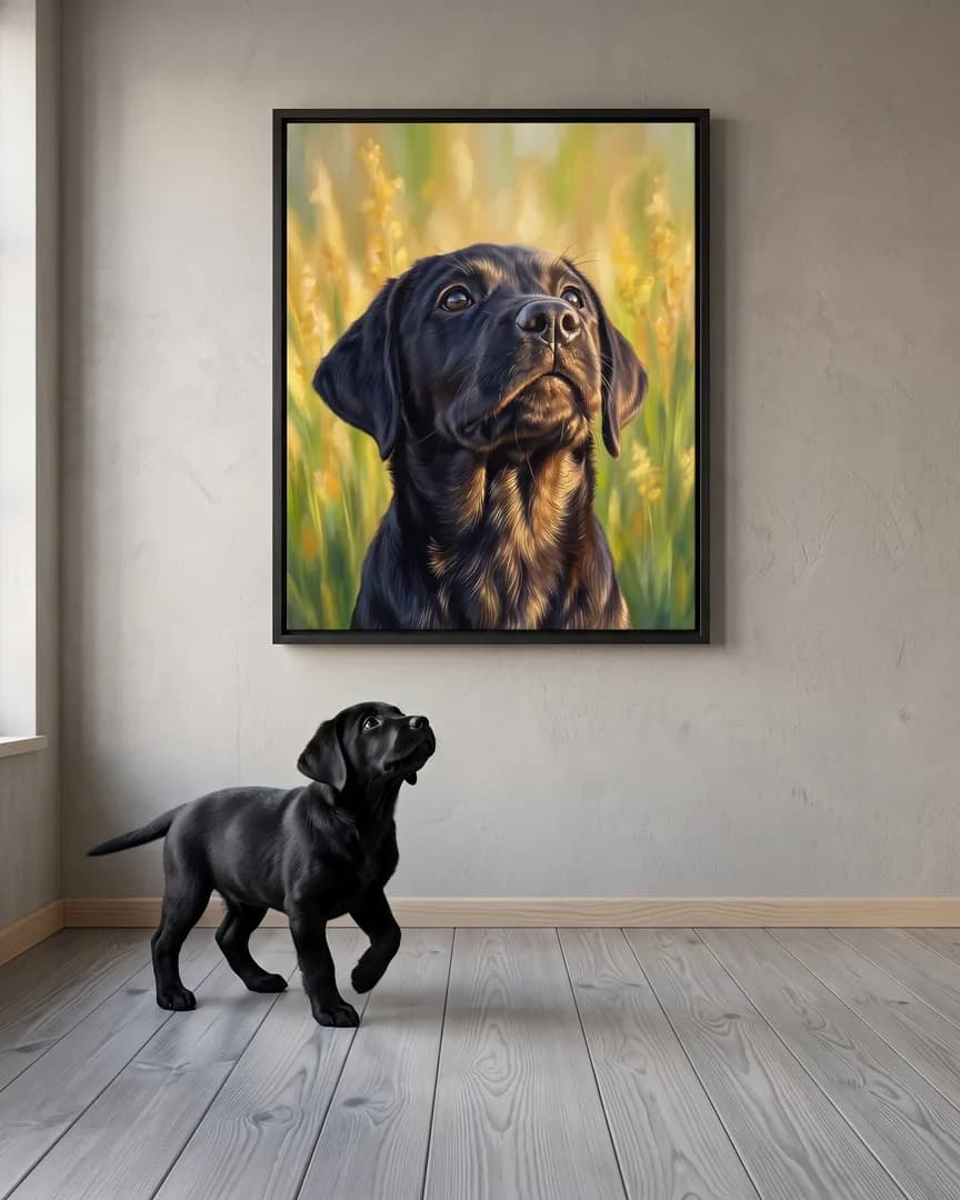 Bear, un chiot labrador noir, à côté d'une toile encadrée noire de son portrait Vers le ciel.