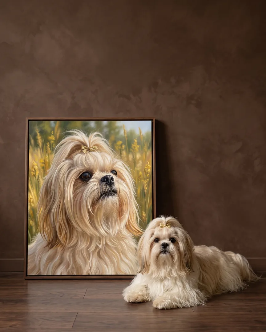 Coco, un shih tzu, à côté d'une toile encadrée brune de son portrait Vers le ciel.