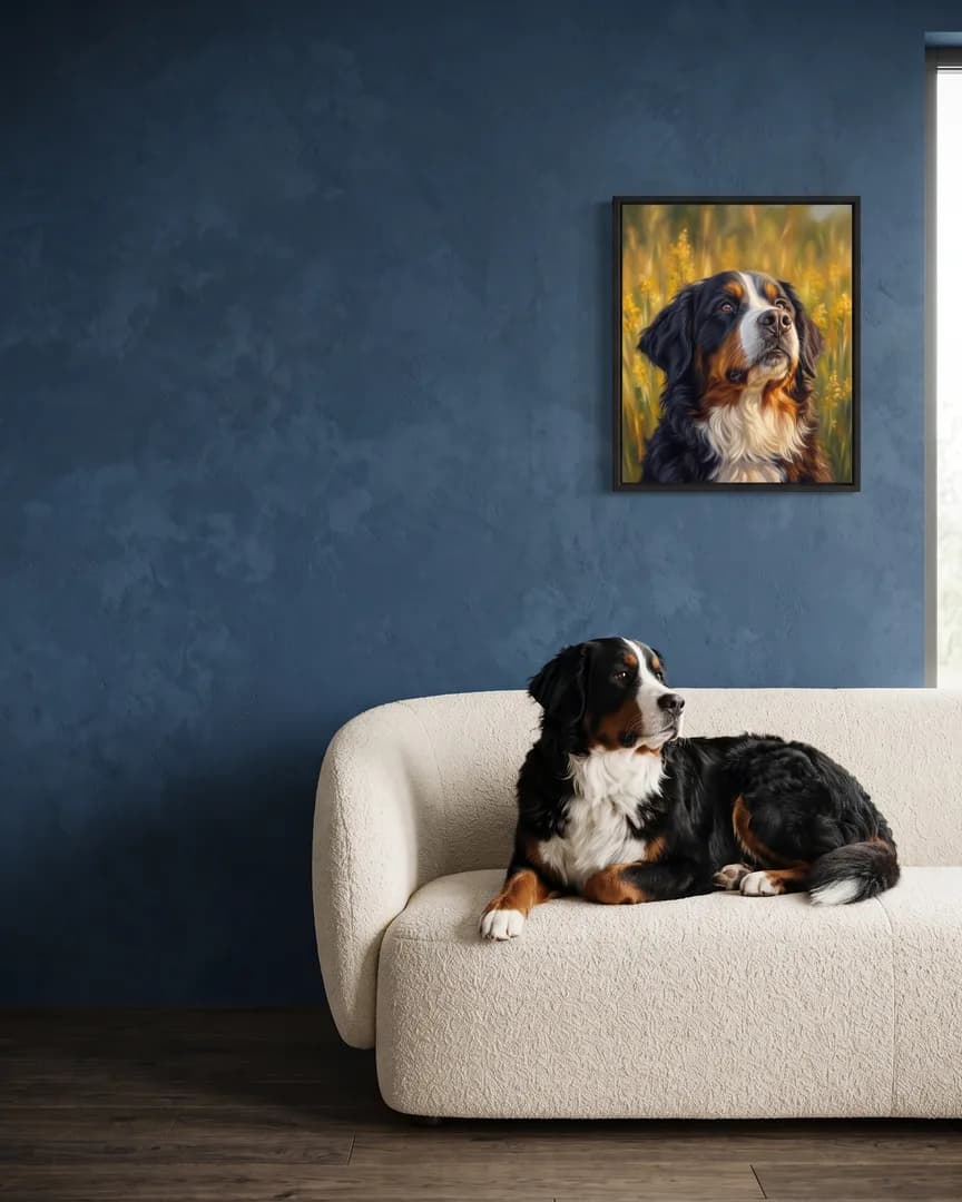Bruno, un bouvier bernois, à côté d'une toile encadrée noire de son portrait Vers le ciel.
