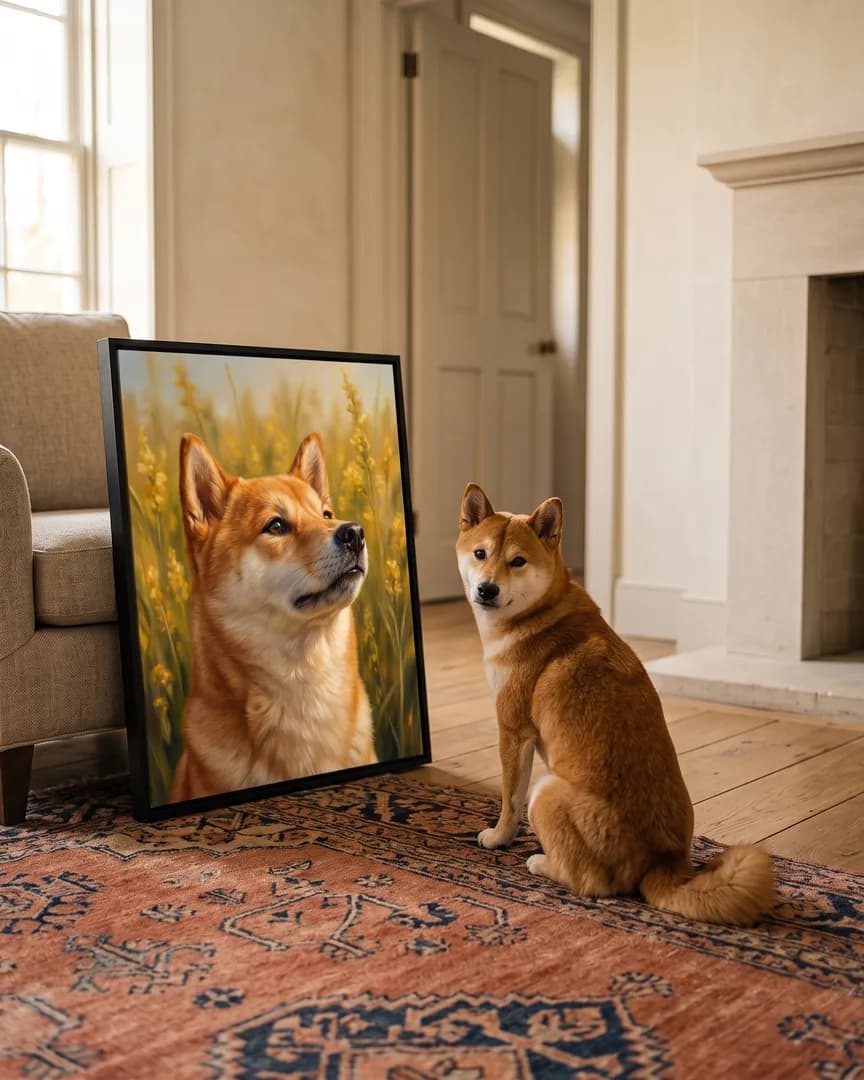 Suki, un shiba inu, à côté d'une toile encadrée noire de son portrait Vers le ciel.