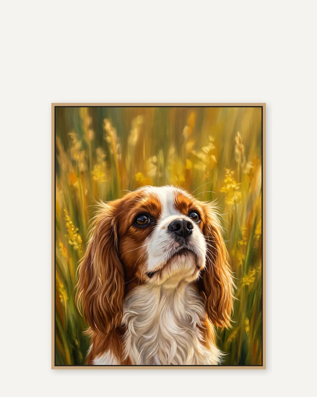 Une toile encadrée en chêne naturel de Daisy, un cavalier King Charles, dans le style Vers le ciel.