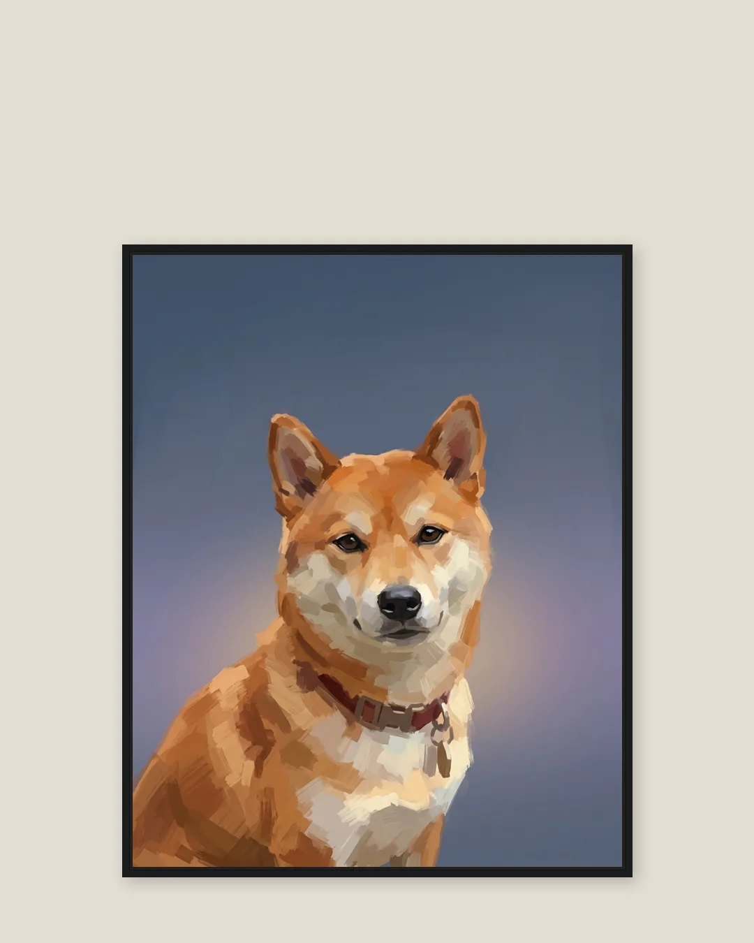Une toile encadrée noire de Suki, un shiba inu, dans le style Portrait ardoise.