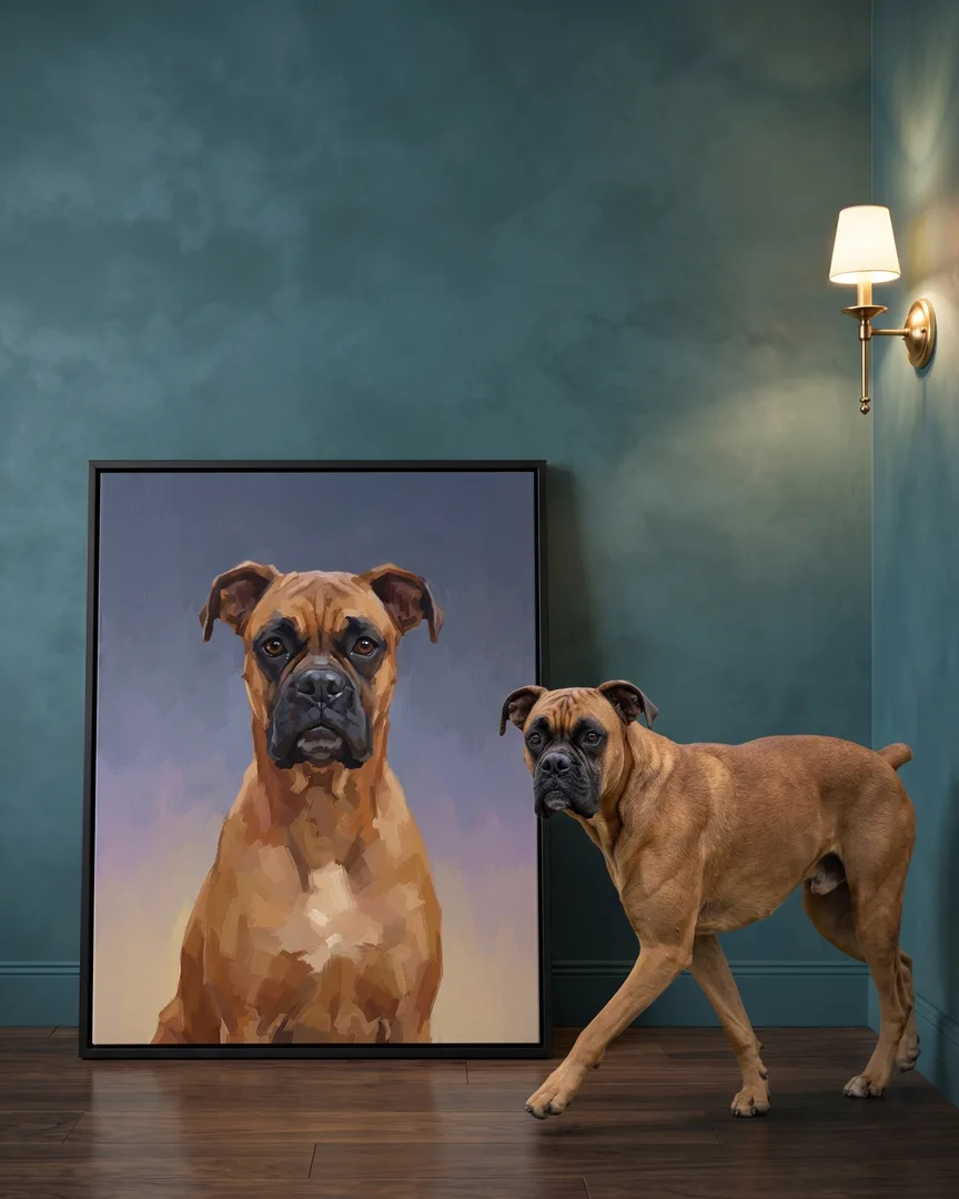 Rocco, un boxer, à côté d'une toile encadrée noire de son portrait Portrait ardoise.