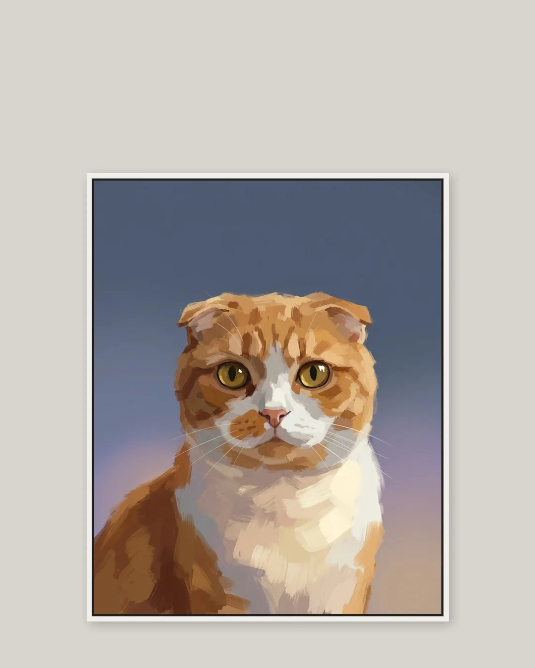 Une toile encadrée blanche de Biscuit, un chat fold écossais, dans le style Portrait ardoise.