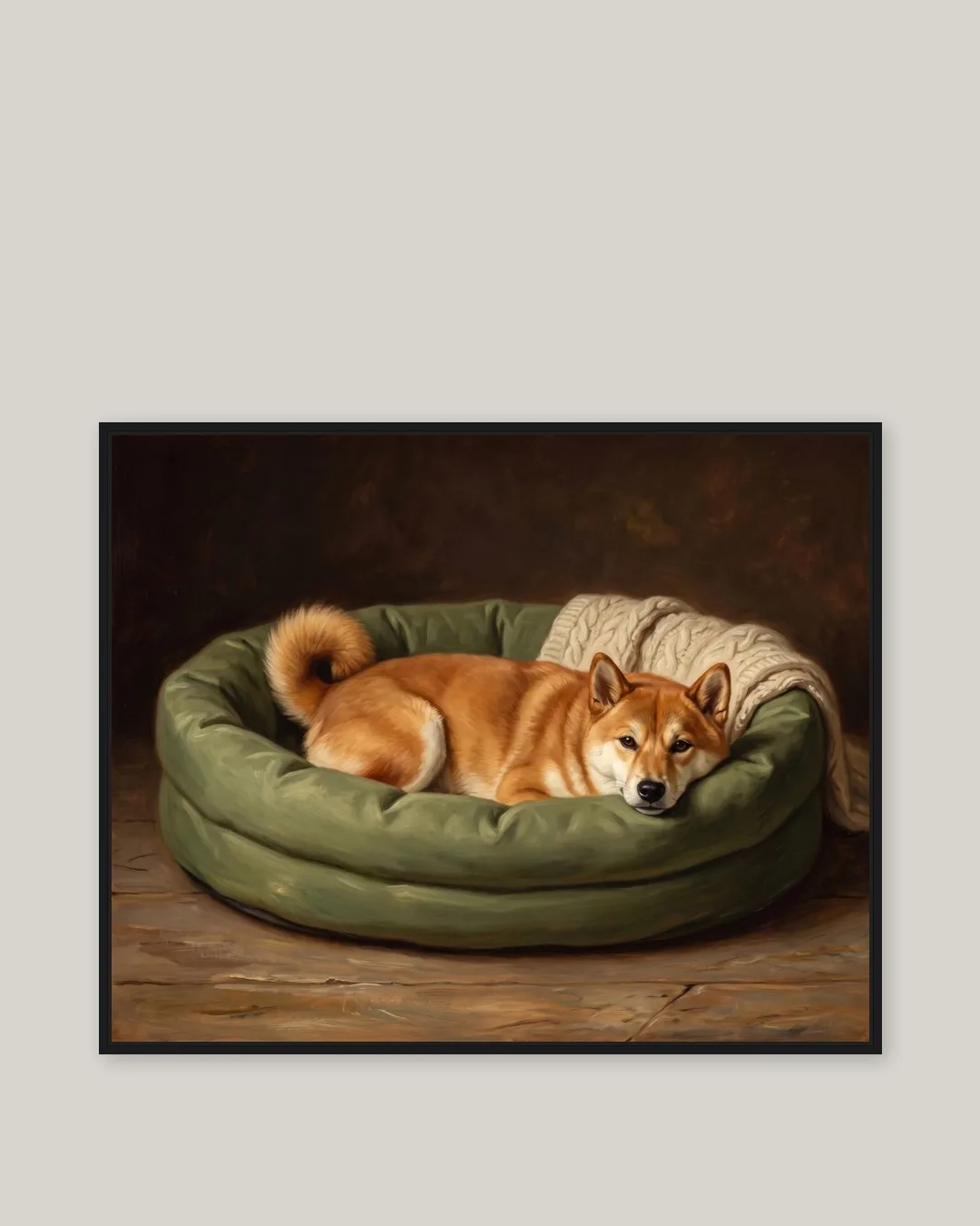 A black float-framed canvas of Suki, a Shiba Inu, in the Snug Bed style.