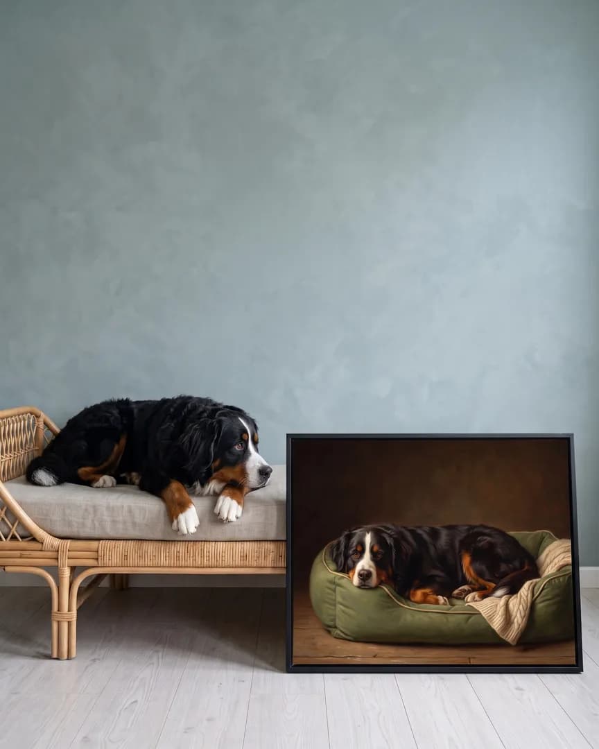 Bruno, a Bernese mountain dog, beside a black framed canvas of their own Snug Bed portrait.