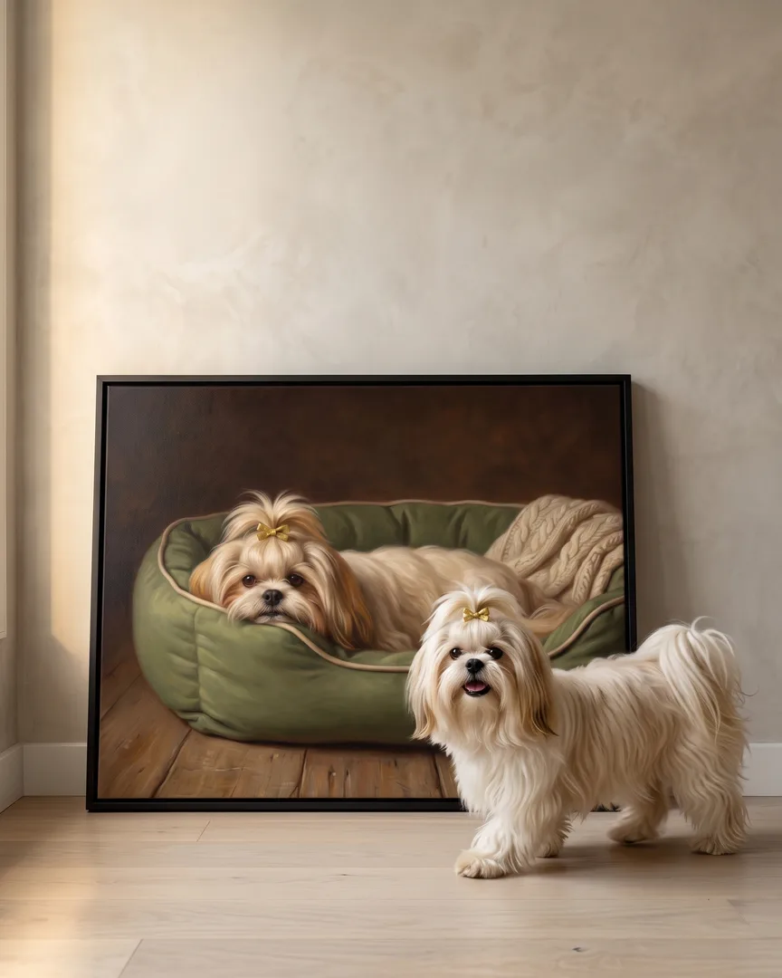 Coco, a Shih Tzu, beside a black framed canvas of their own Snug Bed portrait.