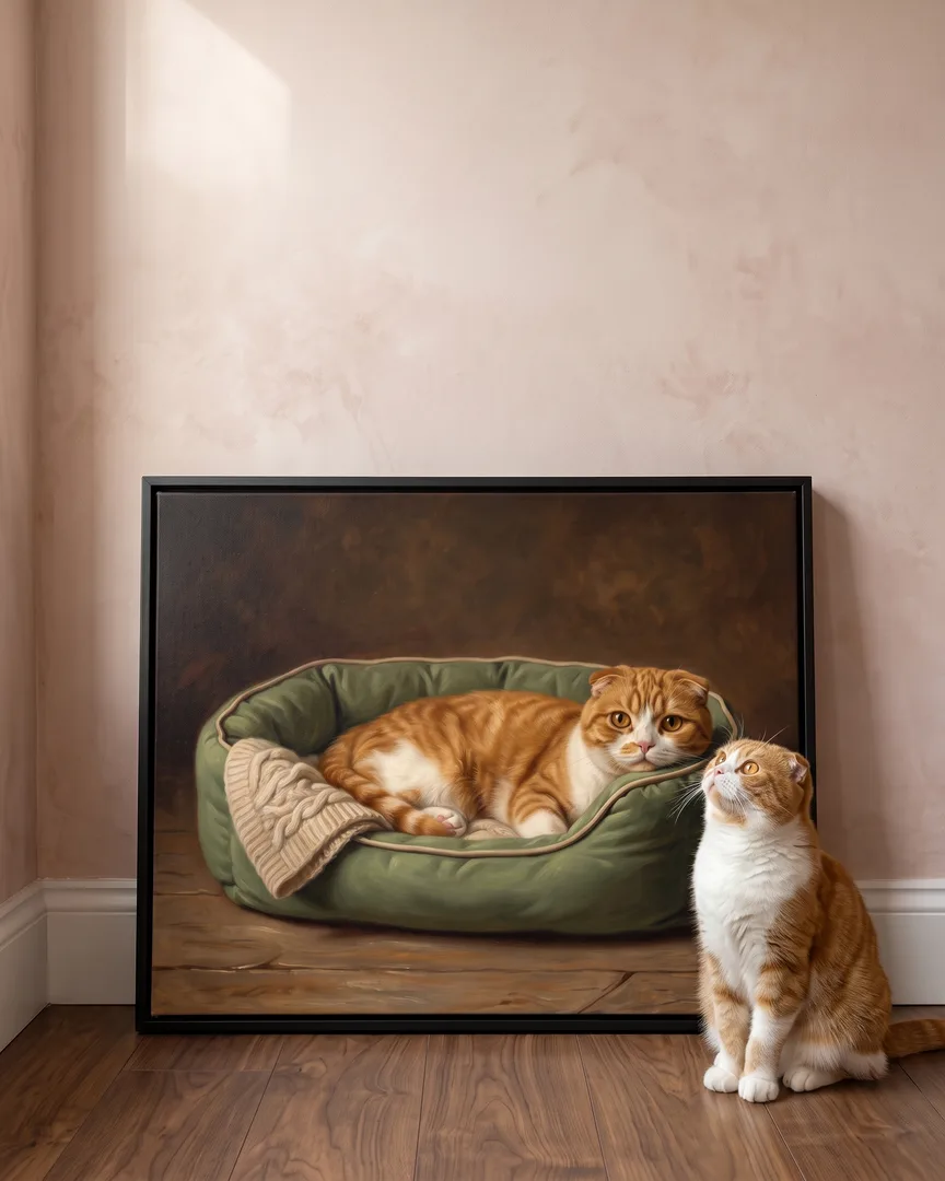 Biscuit, a Scottish fold, beside a black framed canvas of their own Snug Bed portrait.