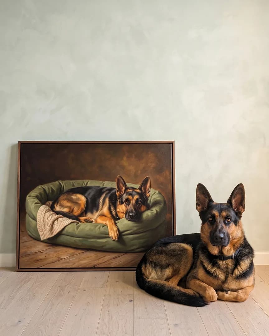 Rex, a German shepherd, beside a brown framed canvas of their own Snug Bed portrait.