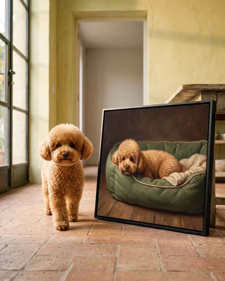 Mimi, a toy poodle, beside a black framed canvas of their own Snug Bed portrait.