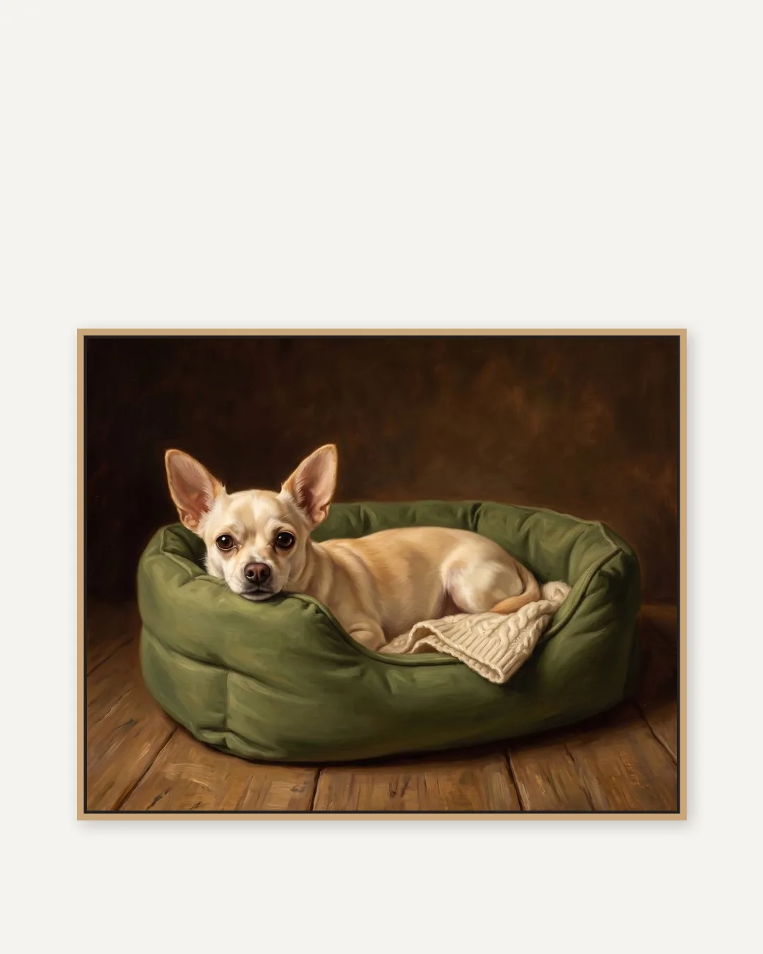 A natural-oak float-framed canvas of Pip, a chihuahua, in the Snug Bed style.