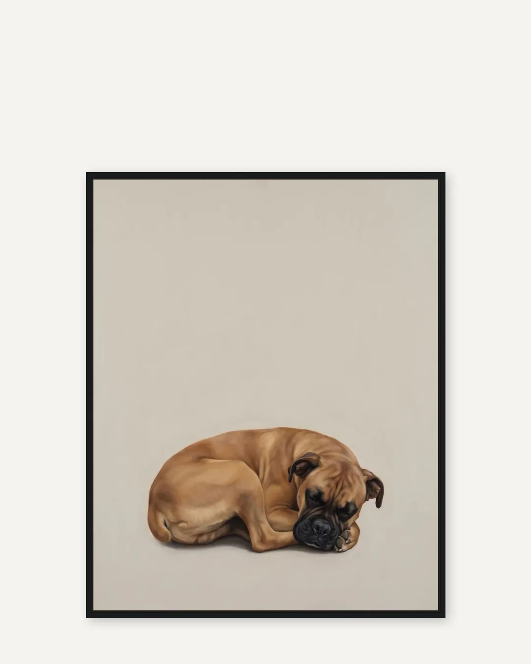 A black float-framed canvas of Rocco, a boxer, a gentle Soft Hush portrait kept close.