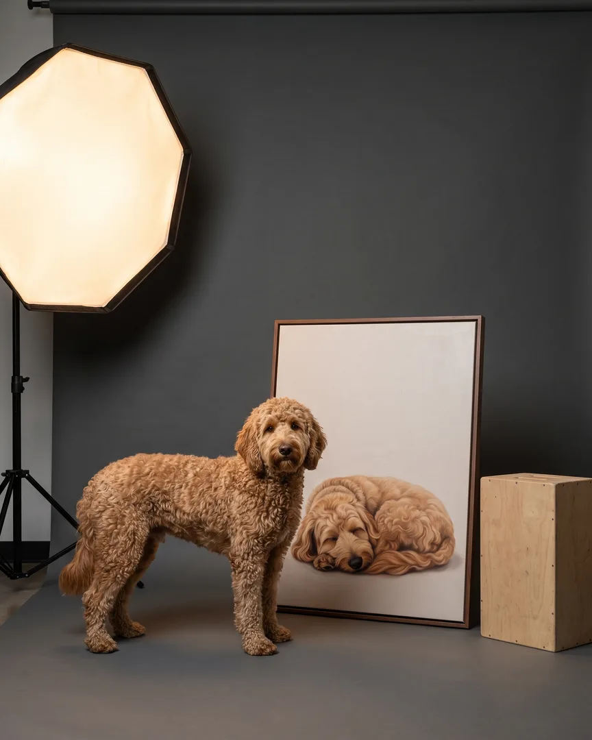 Teddy, a goldendoodle, beside a brown framed canvas of their own Soft Hush portrait.