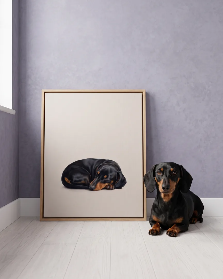 Ziggy, a dachshund, beside a natural-oak framed canvas of their own Soft Hush portrait.