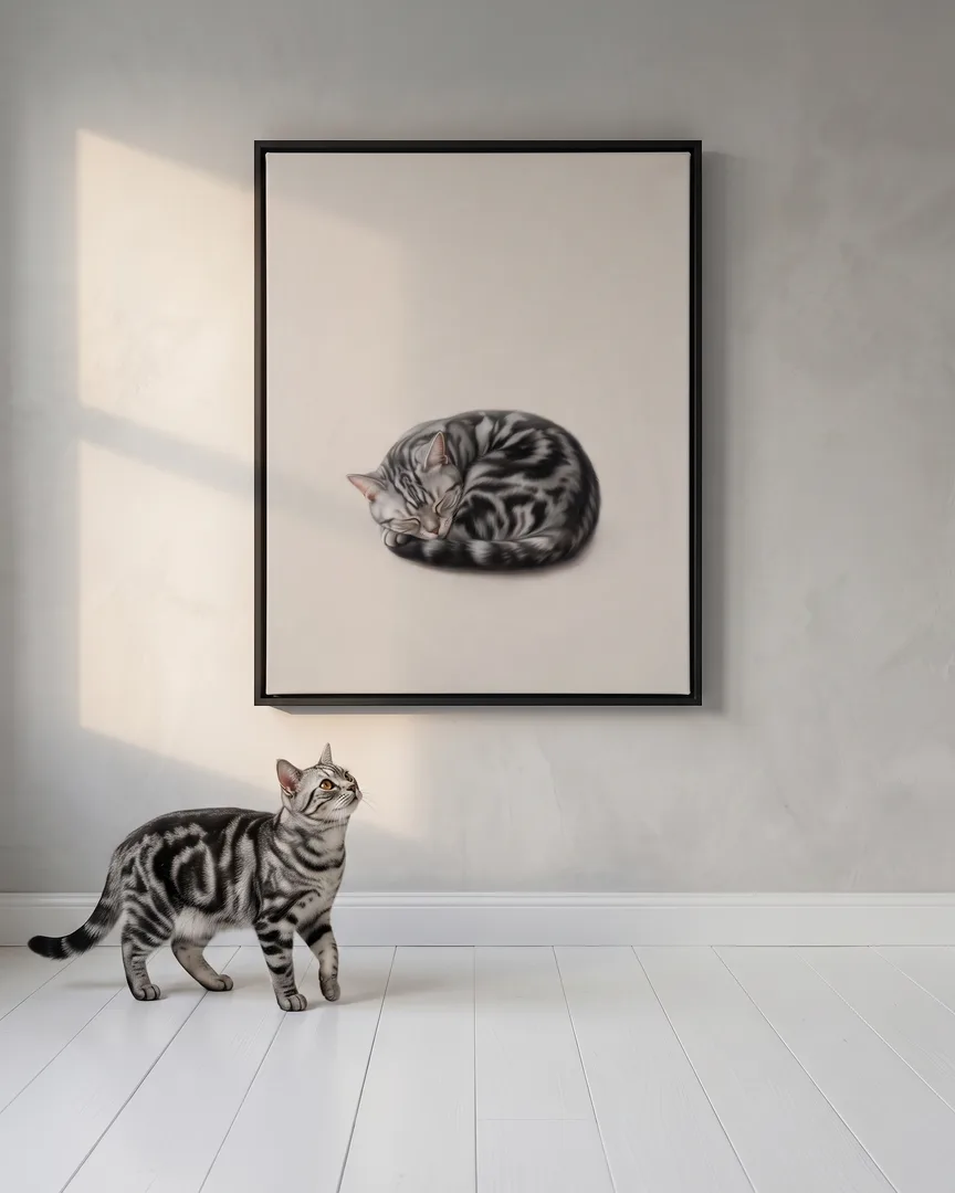 Smokey, a silver tabby domestic shorthair, beside a black framed canvas of their own Soft Hush portrait.