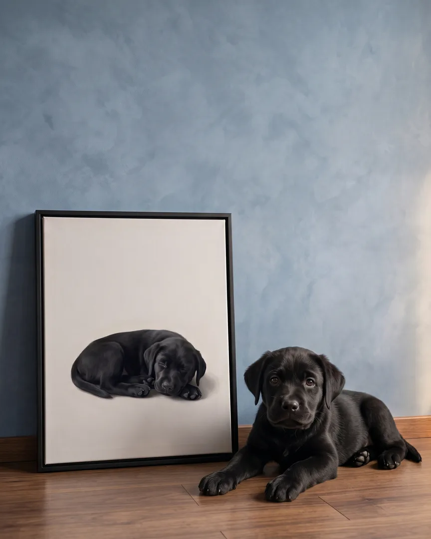 Bear, a black Labrador retriever puppy, beside a black framed canvas of their own Soft Hush portrait.
