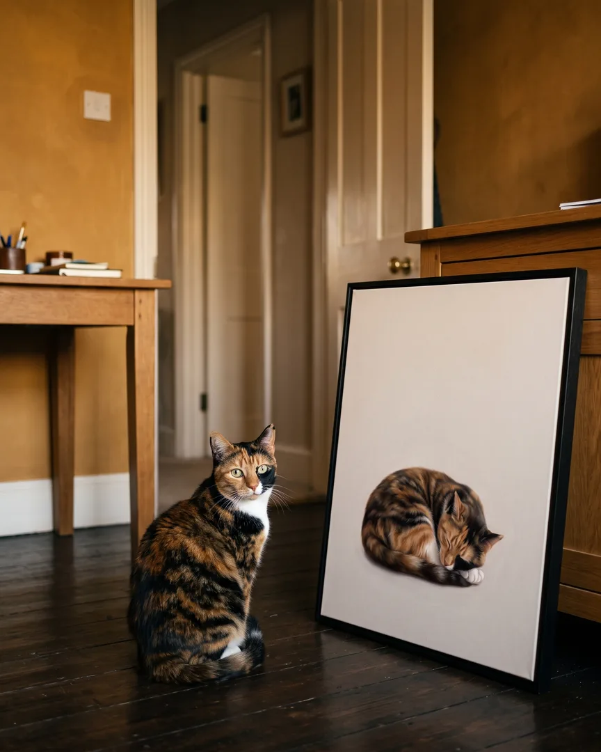Patch, a calico domestic shorthair, beside a black framed canvas of their own Soft Hush portrait.