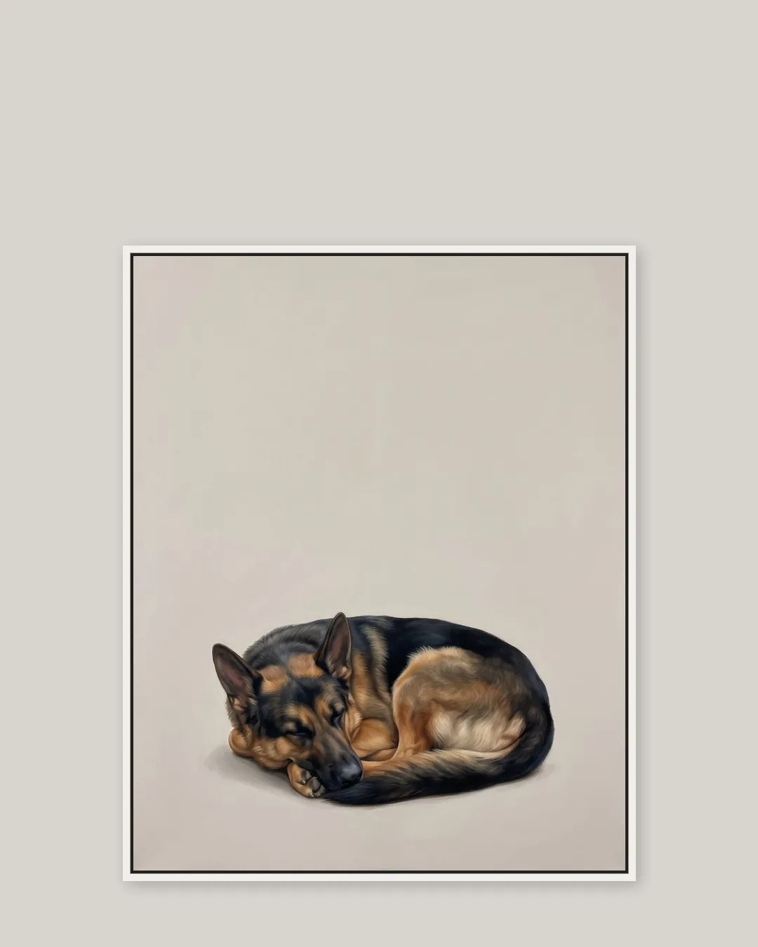A white float-framed canvas of Rex, a German shepherd, a gentle Soft Hush portrait kept close.