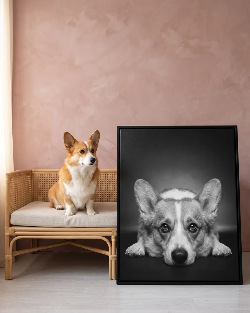 Pixel, a Pembroke Welsh corgi, beside a black framed canvas of their own Soulful Eyes portrait.