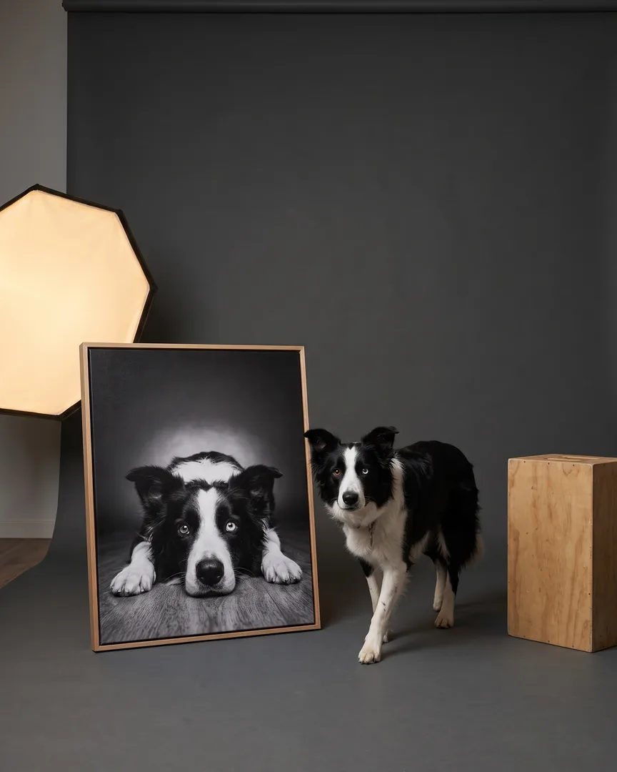 Skye, a border collie, beside a natural-oak framed canvas of their own Soulful Eyes portrait.