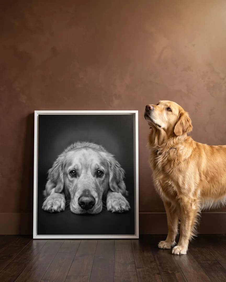 Sunny, a golden retriever, beside a white framed canvas of their own Soulful Eyes portrait.