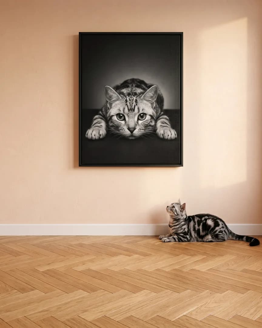 Smokey, a silver tabby domestic shorthair, beside a black framed canvas of their own Soulful Eyes portrait.