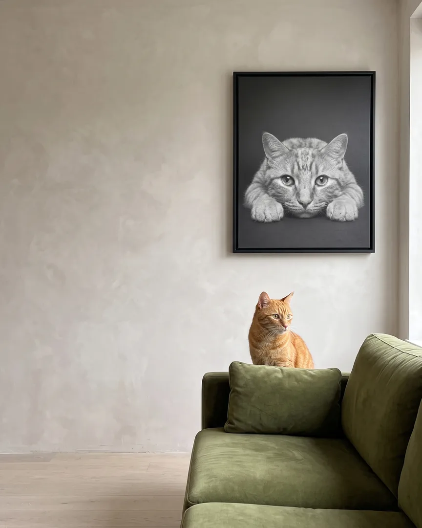 Miel, an orange tabby cat, beside a black framed canvas of their own Soulful Eyes portrait.