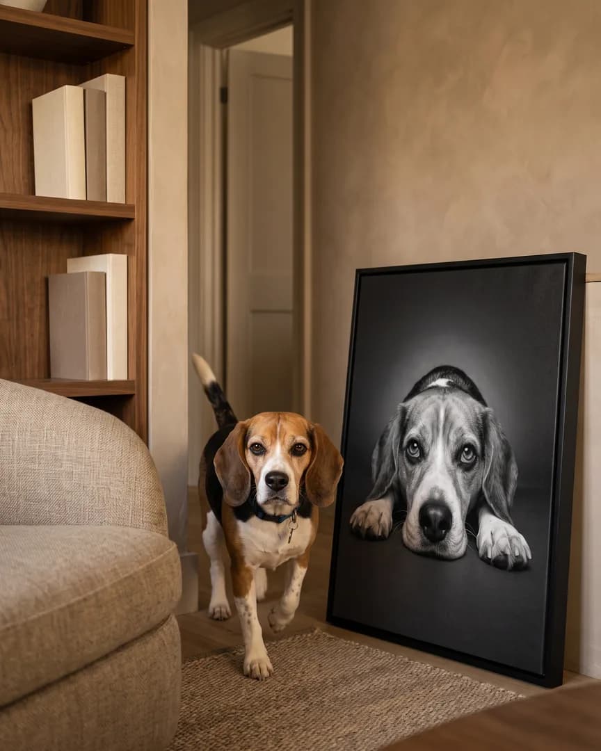 Buddy, a beagle, beside a black framed canvas of their own Soulful Eyes portrait.