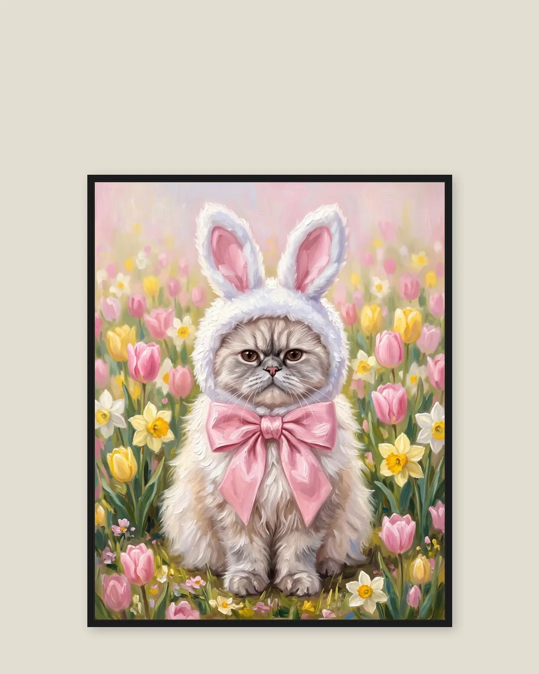 A black float-framed canvas of Frost, a Persian, in the Spring Hop style.