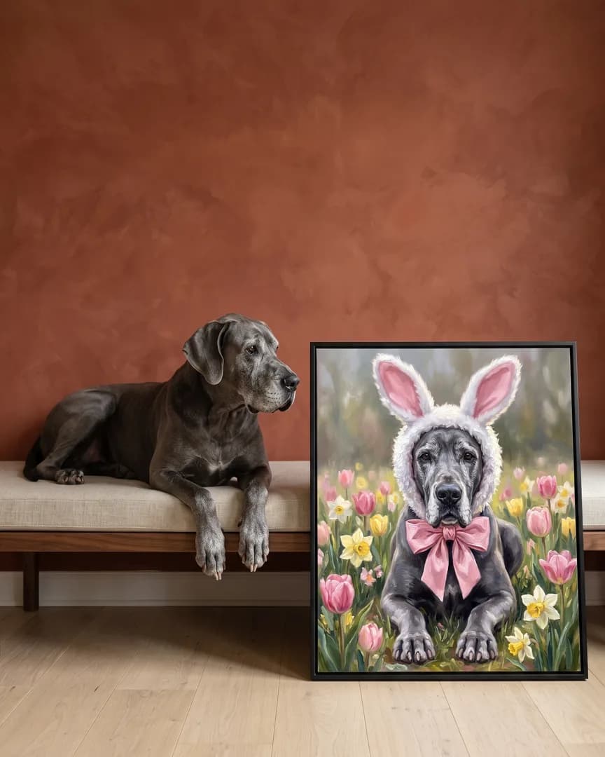 Duke, a Great Dane, beside a black framed canvas of their own Spring Hop portrait.