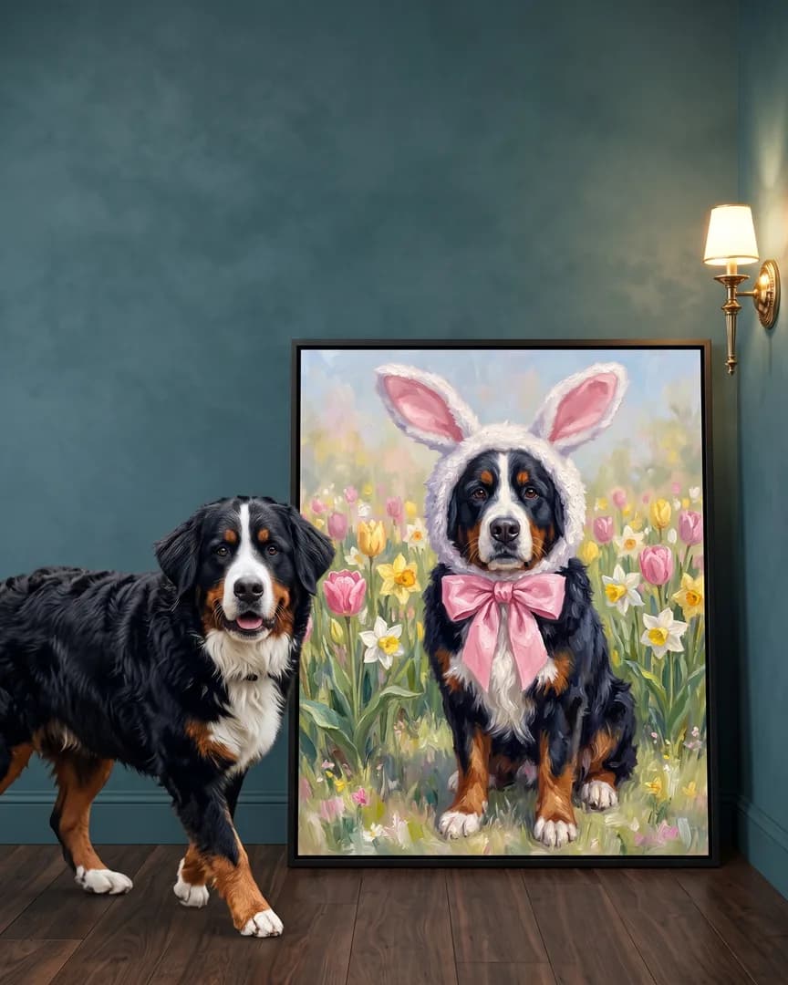 Bruno, a Bernese mountain dog, beside a black framed canvas of their own Spring Hop portrait.