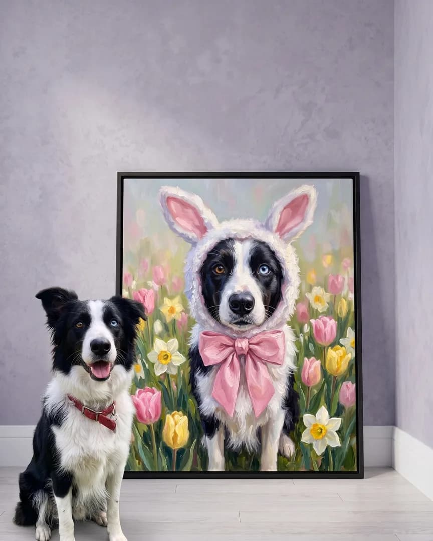 Skye, a border collie, beside a black framed canvas of their own Spring Hop portrait.