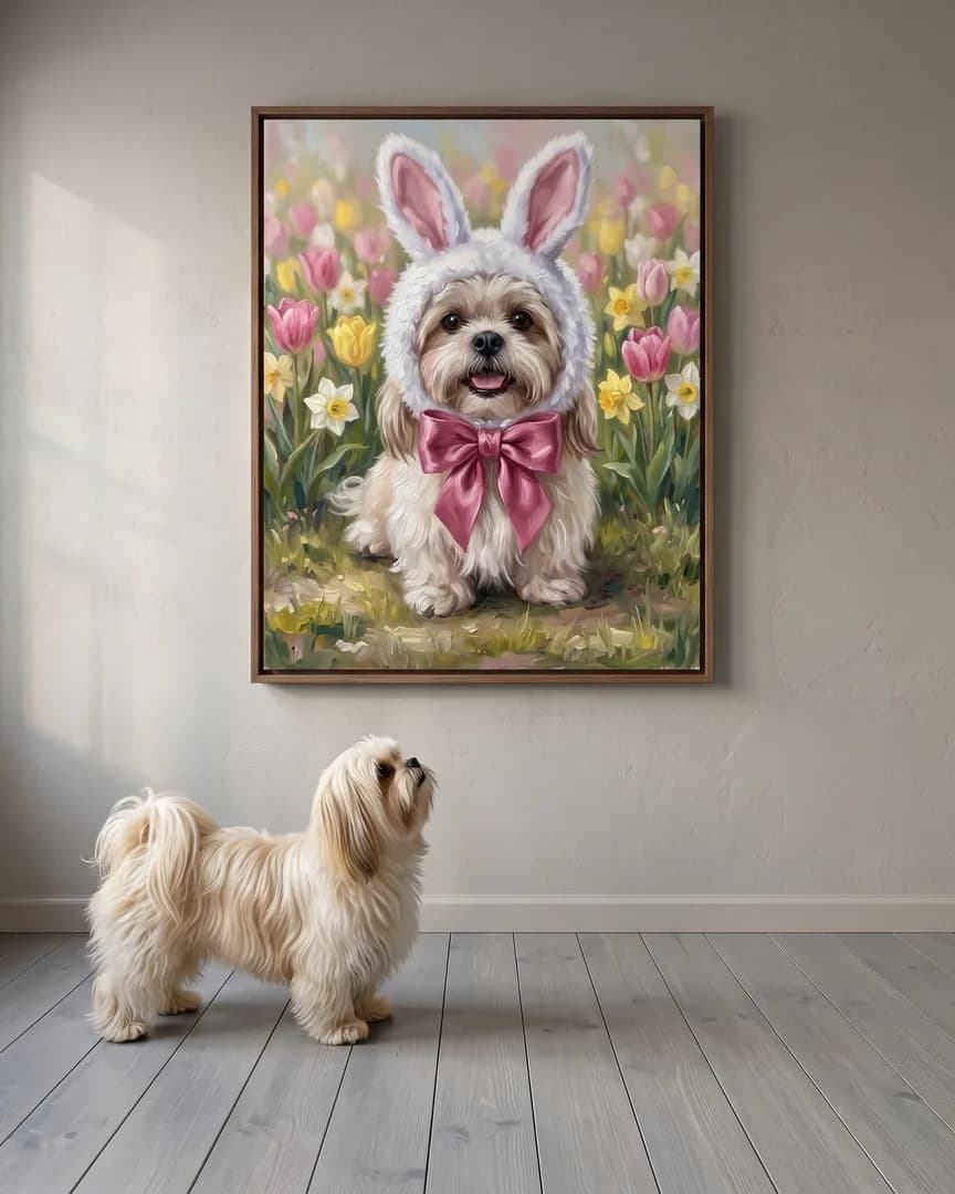 Coco, a Shih Tzu, beside a brown framed canvas of their own Spring Hop portrait.