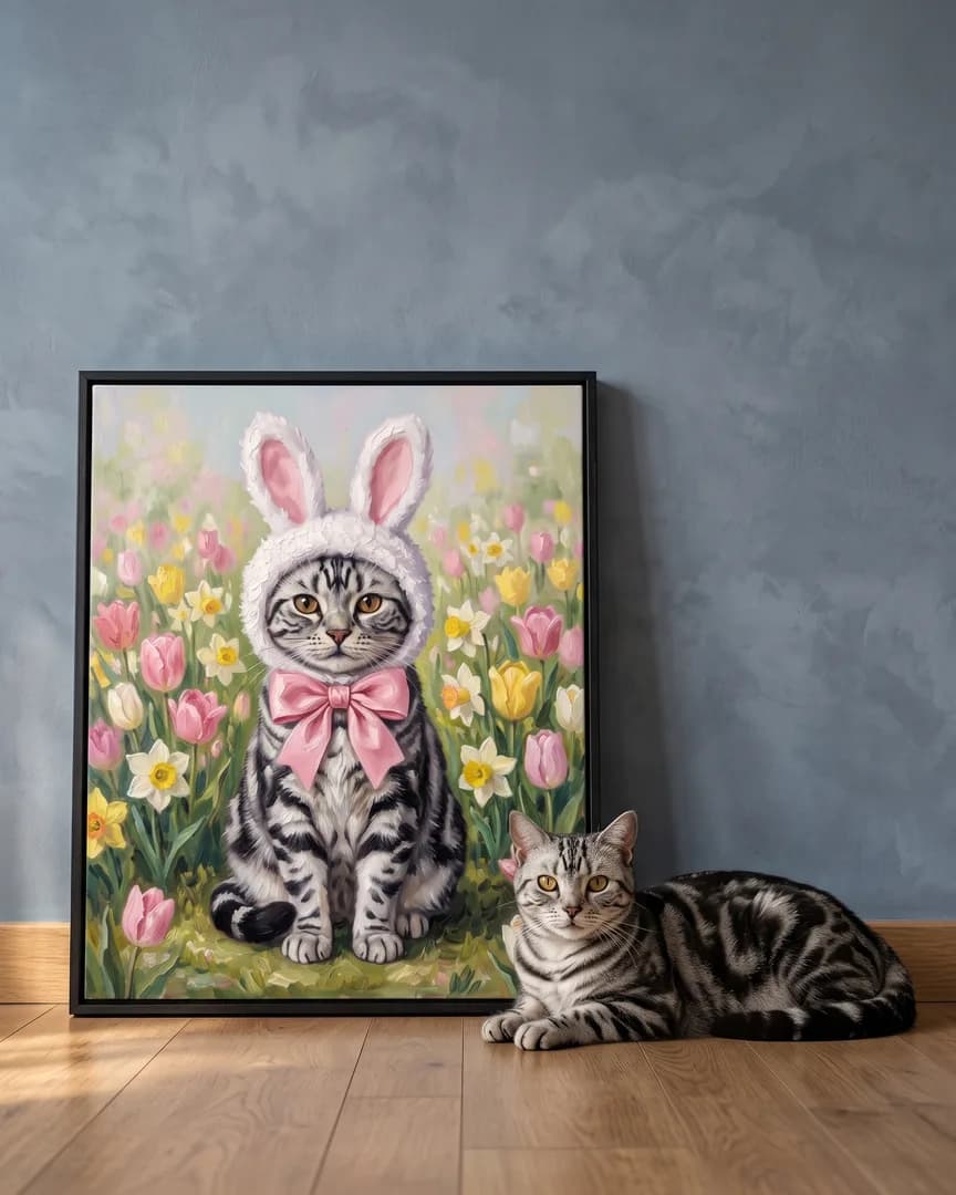 Smokey, a silver tabby domestic shorthair, beside a black framed canvas of their own Spring Hop portrait.