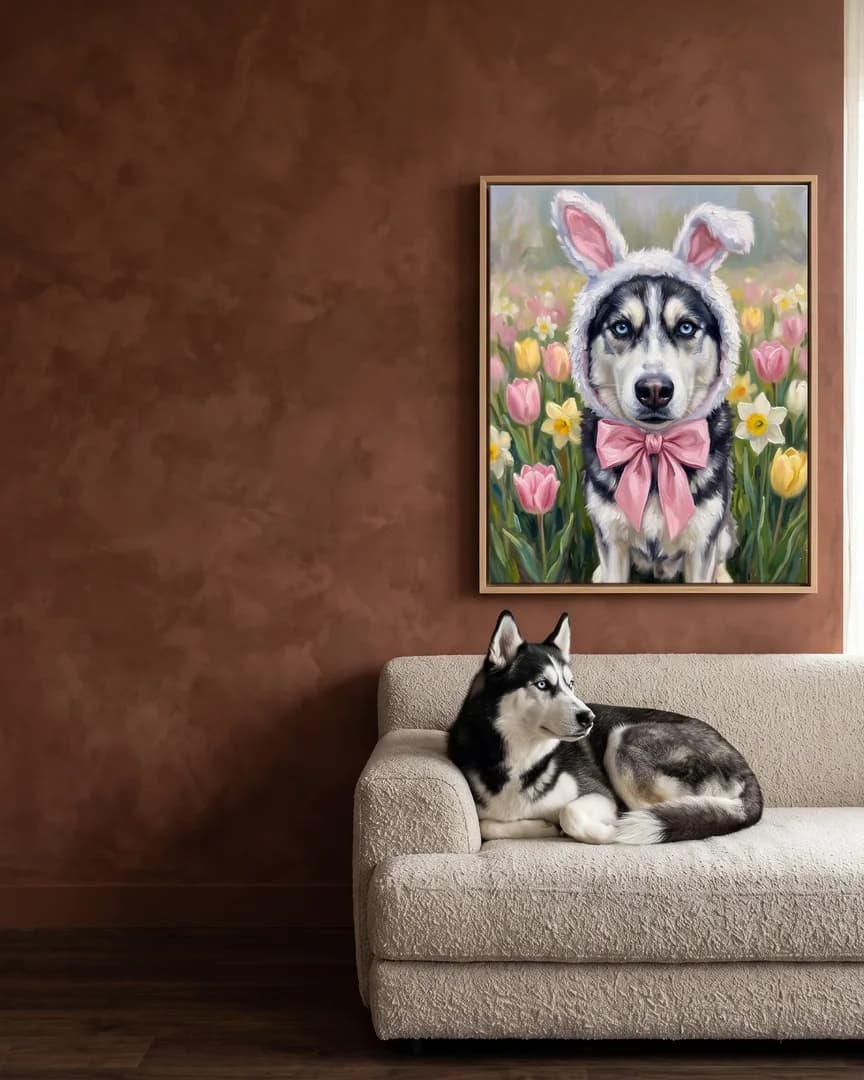 Nova, a Siberian husky, beside a natural-oak framed canvas of their own Spring Hop portrait.