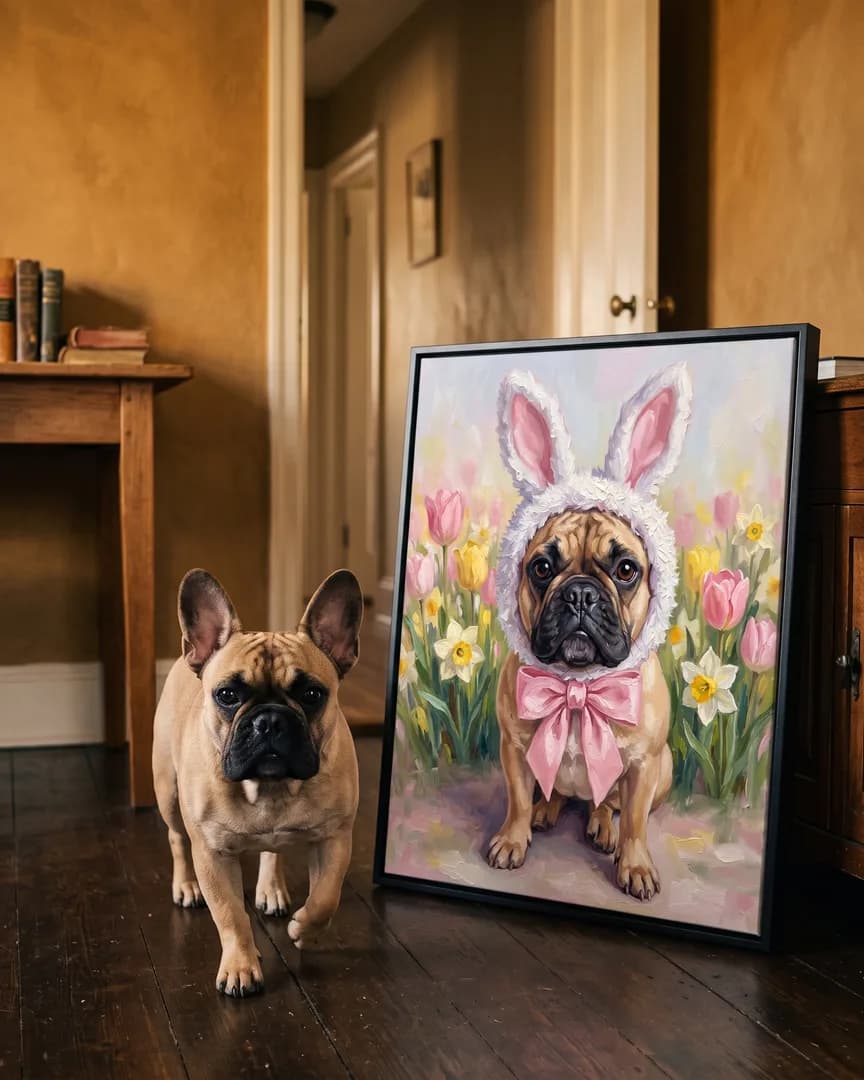 Gus, a French bulldog, beside a black framed canvas of their own Spring Hop portrait.