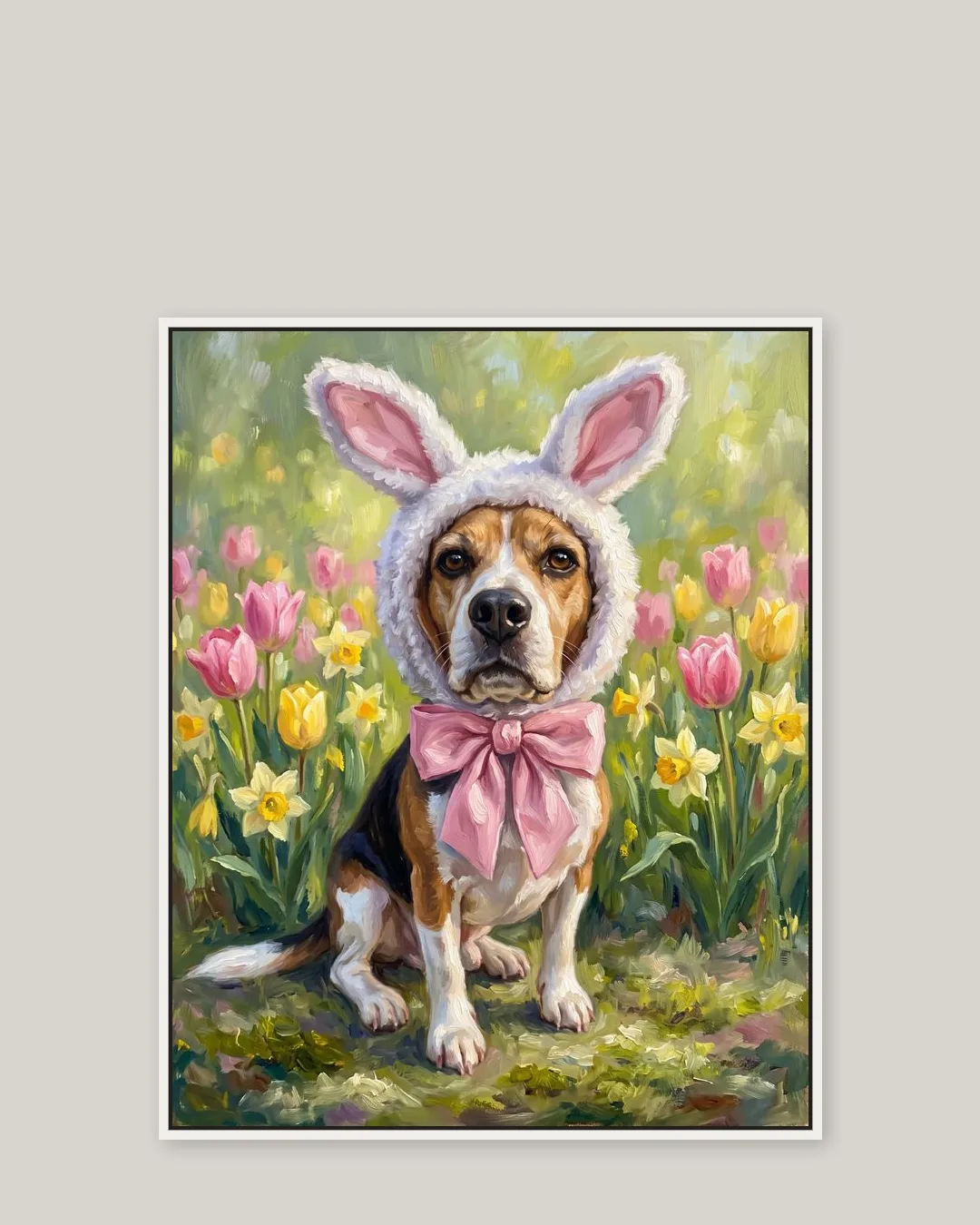 A white float-framed canvas of Buddy, a beagle, in the Spring Hop style.