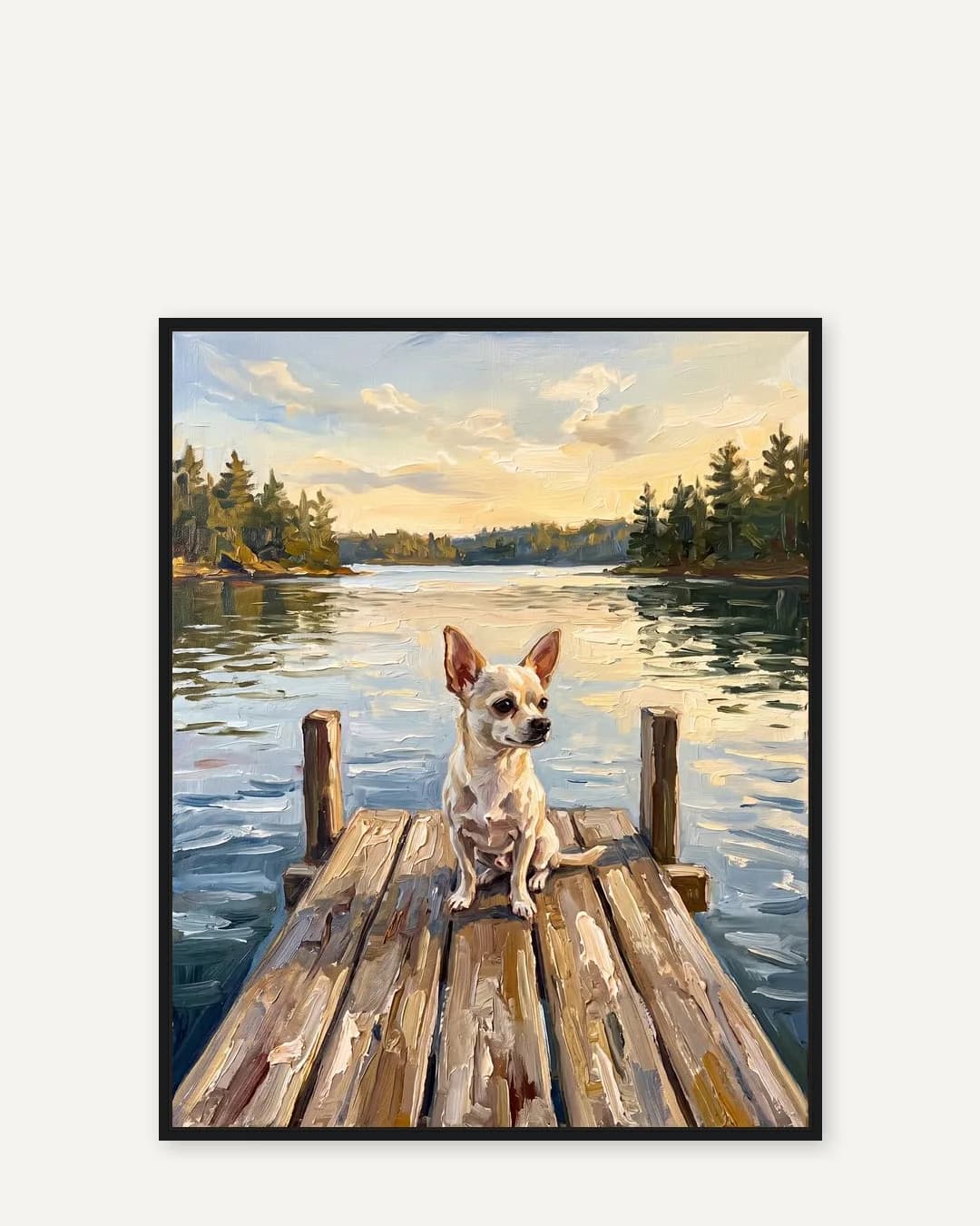 Une toile encadrée noire de Pip, un chihuahua, un portrait tout en douceur du style Eaux Immobiles.