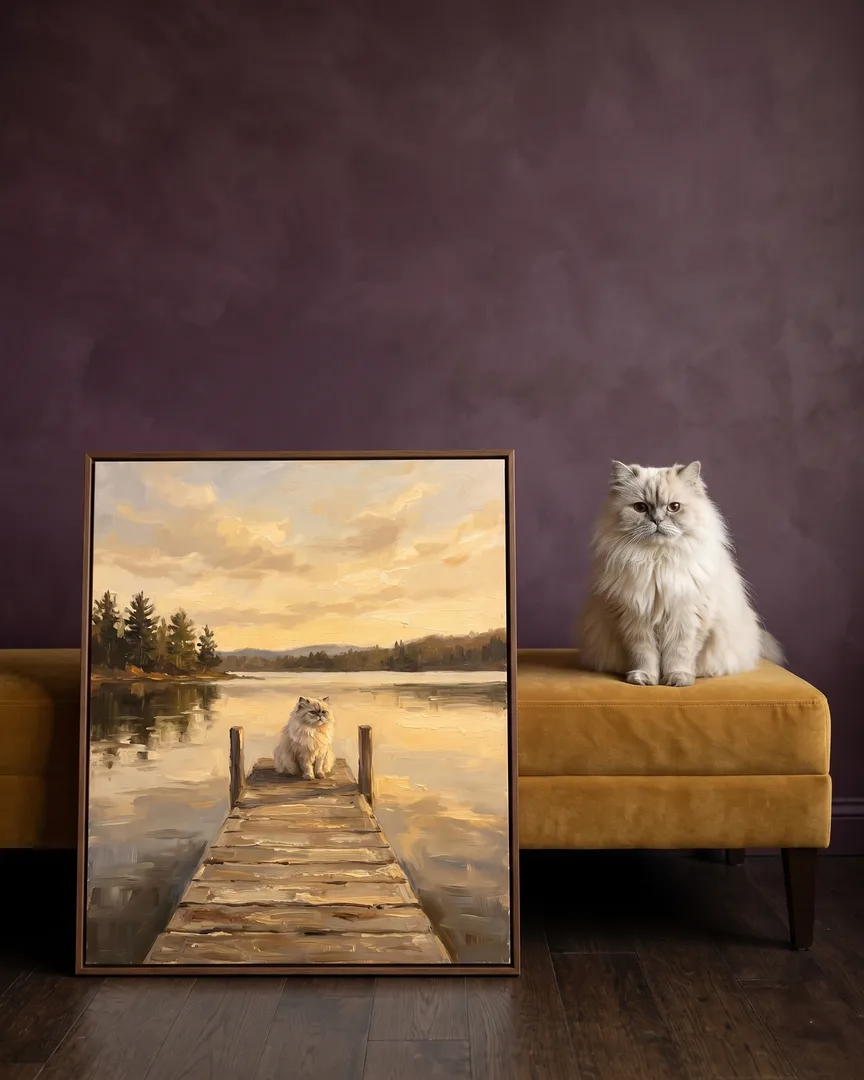 Frost, un chat persan, à côté d'une toile encadrée brune de son portrait Eaux Immobiles.
