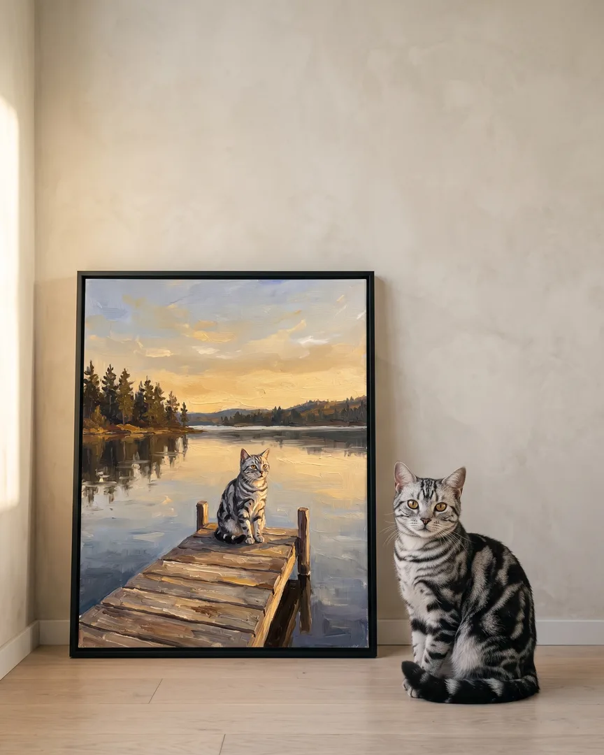 Smokey, un chat tigré argenté, à côté d'une toile encadrée noire de son portrait Eaux Immobiles.