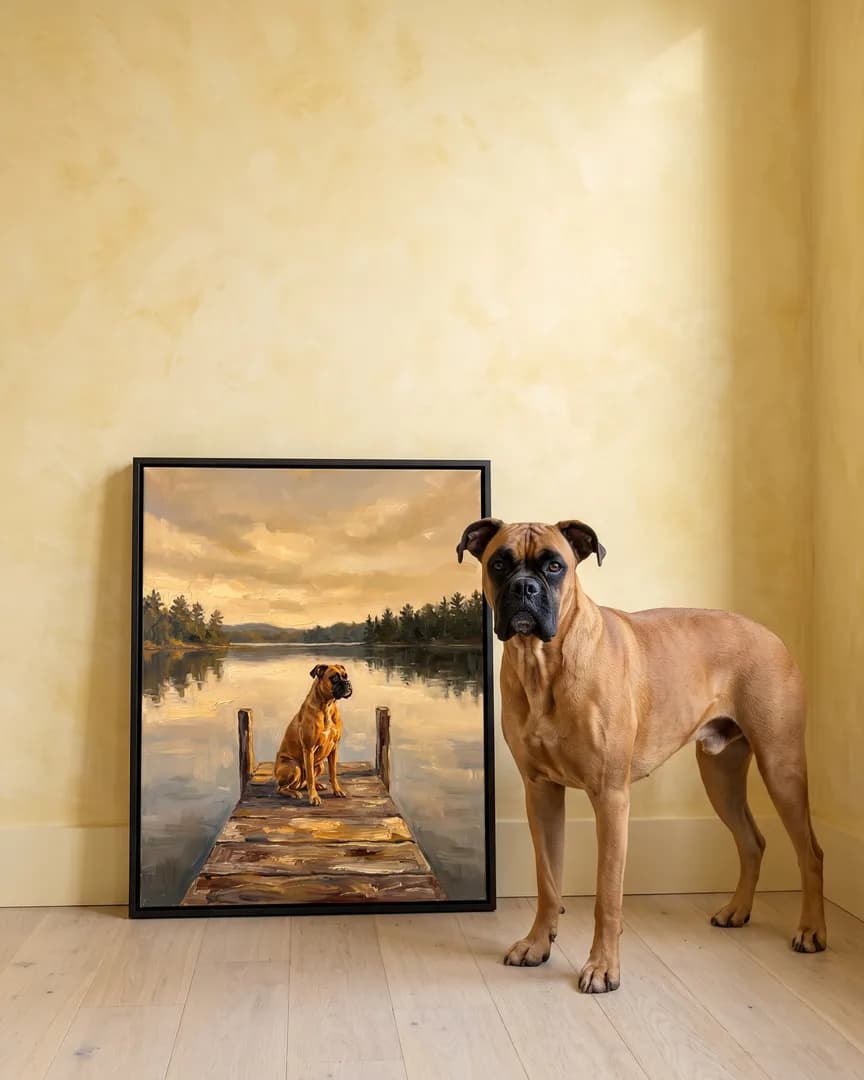 Rocco, un boxer, à côté d'une toile encadrée noire de son portrait Eaux Immobiles.