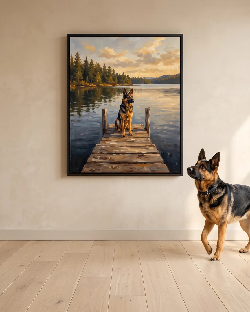 Rex, un berger allemand, à côté d'une toile encadrée noire de son portrait Eaux Immobiles.