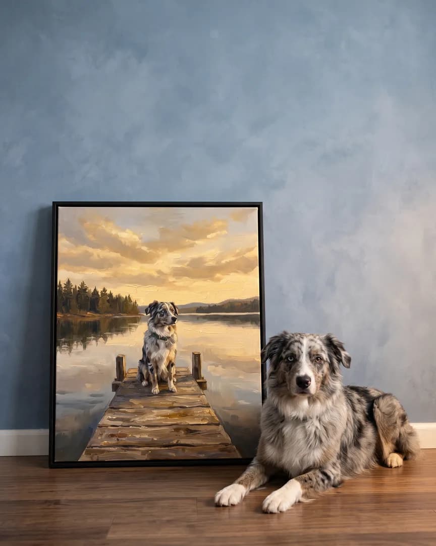 Koda, un berger australien, à côté d'une toile encadrée noire de son portrait Eaux Immobiles.